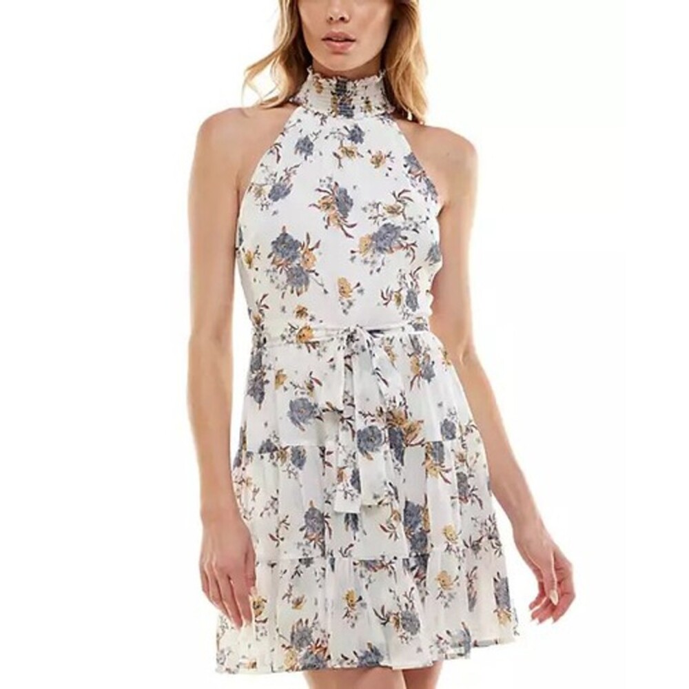 NWT Trixxi Womens Ivory Blue Floral Print Sleeveless Halter Mini Dress Size M